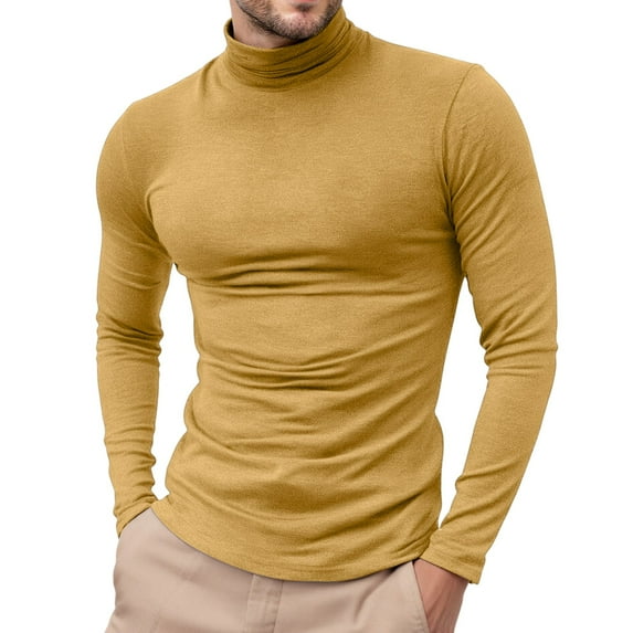 Dwelliawo Yellow Turtle Neck Shirt Men Turtleneck Shirts Long Sleeve Ribbed Shirt Basic Slim Fit Sweaters Fall Pullover Top Knitted Sweater Yellow M