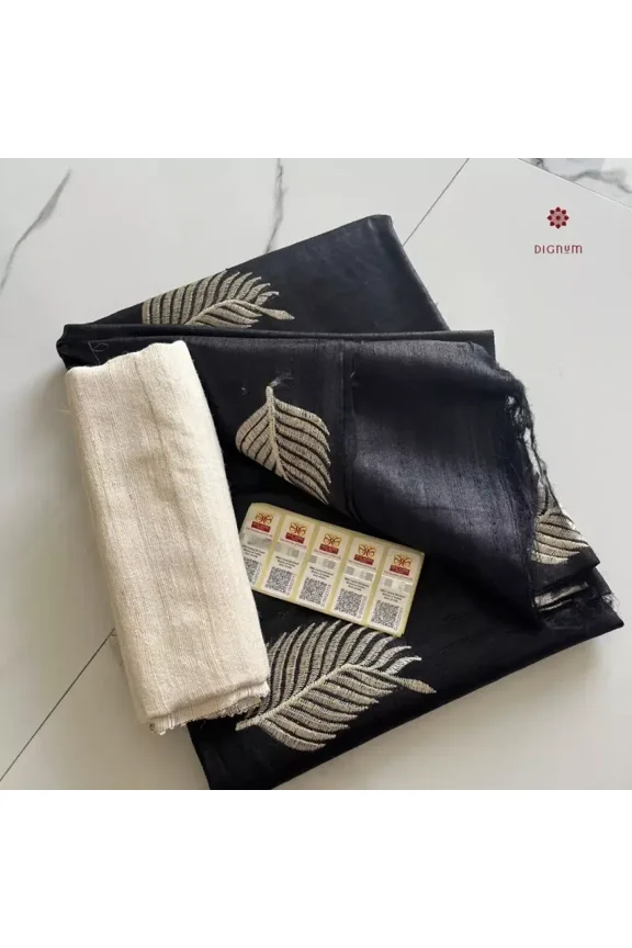 Black Tussar Ghicha Silk Embroidery Saree