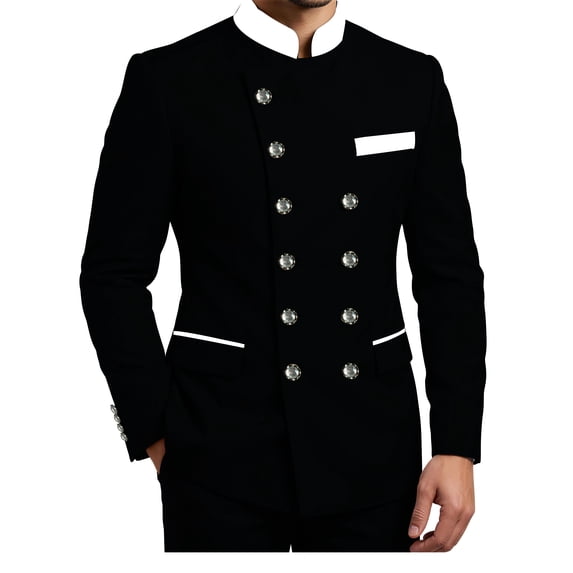 Black Tux Mandarin Collar Men's Suits 2 Piece Sets Silver Buttons Double Breasted Blazer Pants Suit XL