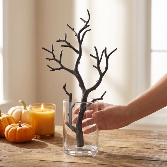 Black Twig Branches, 5pc Artificial Dark Leafs, Gothic Halloween Scene Layout for Vase, Dead Branch Centerpiece, Spooky Floral Arrangement for Mantel, B