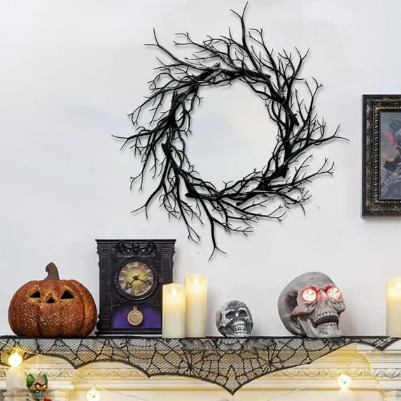 Black Twig Halloween Wreath - Spooky Front Door Decor Artificial Thorn Vine Graveyard Scene Indoor Outdoor Party Gothic Decor(B)