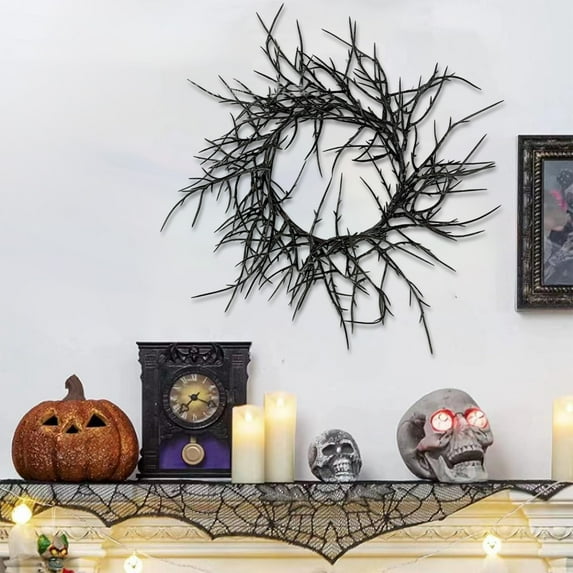 Black Twig Halloween Wreath - Spooky Front Door Decor Artificial Thorn Vine Graveyard Scene Indoor Outdoor Party Gothic Decor(C)