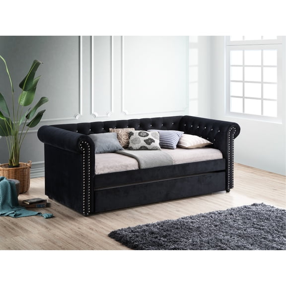 Black Twin Daybed With Bewitching Button Style And Pull-out Accommodation Modern Ornamentation Extra Bed