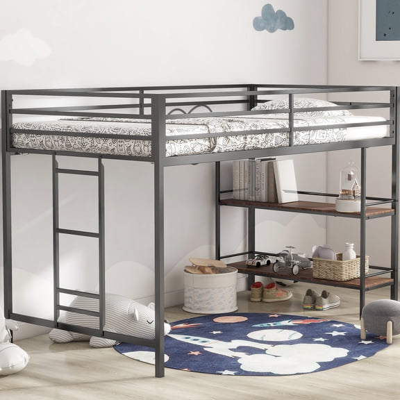 Black Twin Loft Bunk Bed With Wood Shelf - Space Saving, Easy Installation For Various Users Metal Noise, Safe For Bedroom