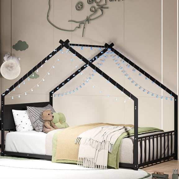 Black Twin - Low - to - Ground House Bed - Young Teens' Room - Minimize Safety Concerns