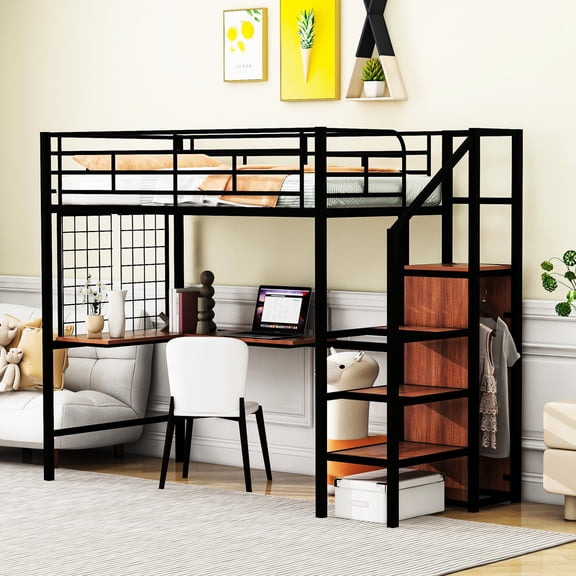 Black Twin Metal Loft Bed With Desk And Grid. Framework. Lateral Storage Wardrobe To Save Space. Versatile For Work Leisure. Suits Room Decor. Mattress Not Included Robust Construction. Efficient