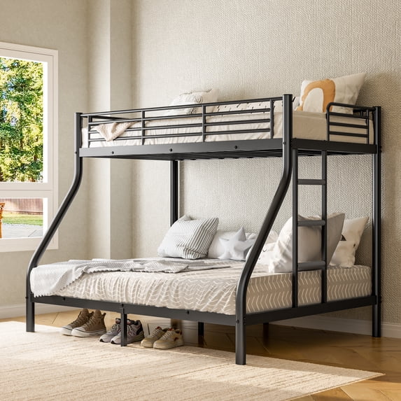 Black Twin Over Full Metal Bunk Bed Frame with Safety Guardrail & Ladder, Sturdy Steel Bed, Noise-Free, No Box Spring Needed for Bedroom Dorm