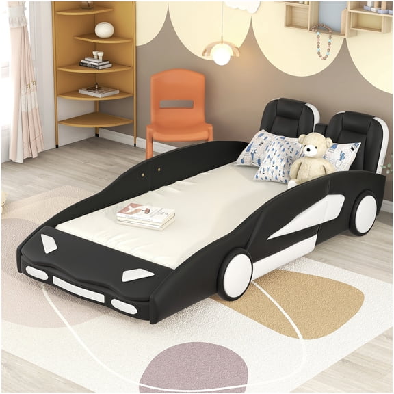 Low Profile Twin Bed Frame, No Box Spring, with Guardrails and Wheels in Black