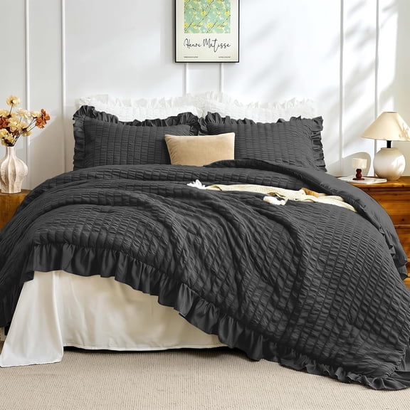 Black Twin Size Comforter Set, 2 Pieces Seersucker Lightweight Fluffy Bedding Set, Twin Ruffle Comforter, All Season Soft Microfiber Shabby Chic Bed Set