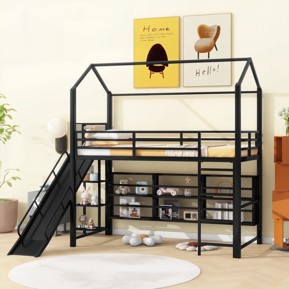 Black Twin Size House Metal Loft Bed - Iron Mesh Shelves & Slide ...