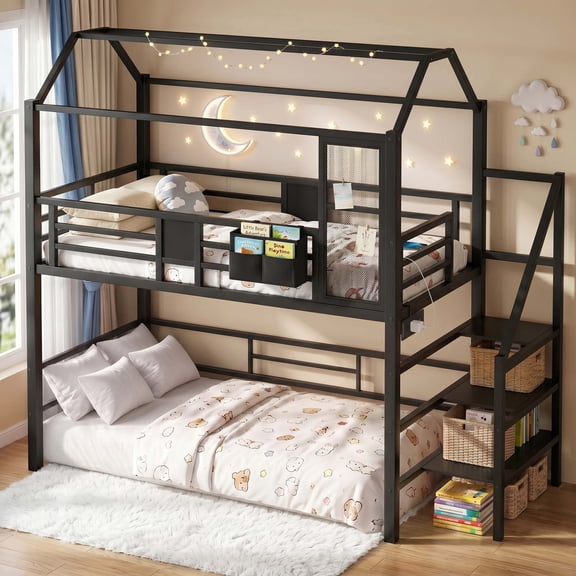Firscook Twin House Bunk Bed and Loft Bed with Storage Stairs, Charging Station and Warm String Lights, Black