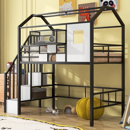 Firscook Twin Loft Bed with Stairs and Storage Case, Space-Saving Metal House Frame Loft Bed, Black