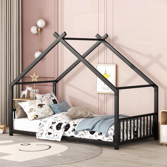 Black Twin Size Metal House Bed - Assembly Required, Sturdy Metal Frame