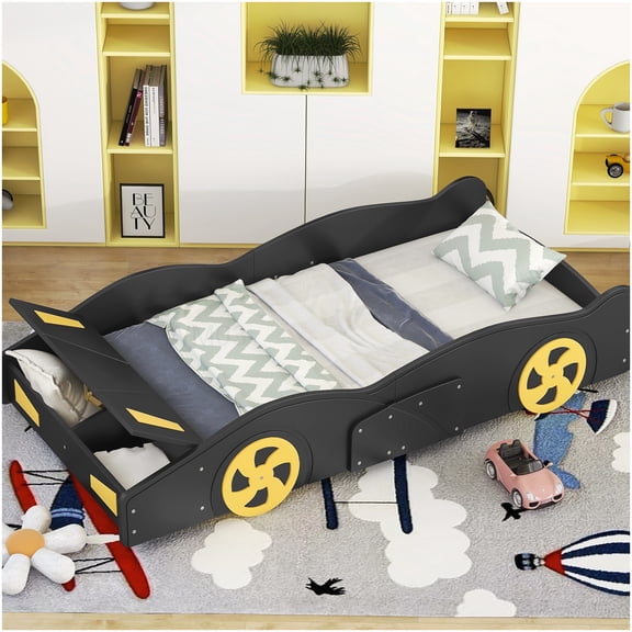 Black Twin Size Platform Bed Frame with Wheels and Hidden Storage Compartment