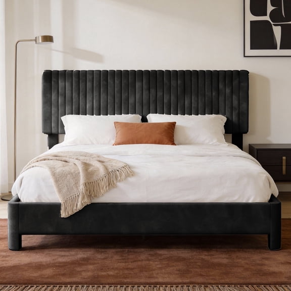 Black Twin Size Velvet Upholstered Metal platform bed frame with with Adjustable Tufted Headboard,Fabric Upholstered Headboard and slatted support. Suitable for bedrooms, living rooms, and hotels