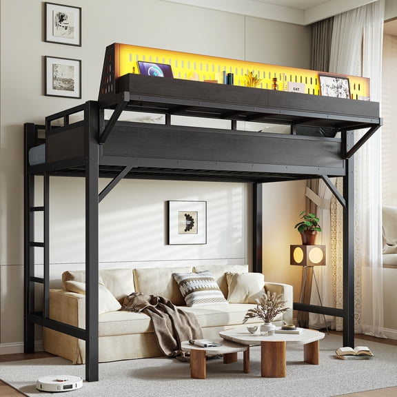 Black Twin XL size Loft Bed Frame with Storage Shelves and Pegboard Metal – Mdf, Modern Style, LED Light, for Bedroom