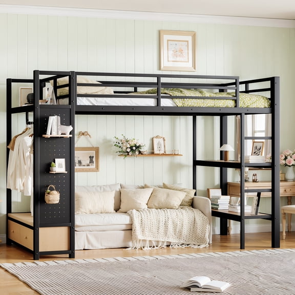Black Twin XL size Loft Bed Frame with Wardrobe Metal, Mdf, Storage Shelves, for Bedroom Dimensions: 42.5 "W x65 "