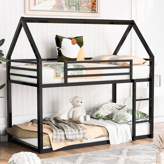 Black Twin over Twin House Bunk Bed with Slide | Offers an Exhilarating Play and Sleep Experience