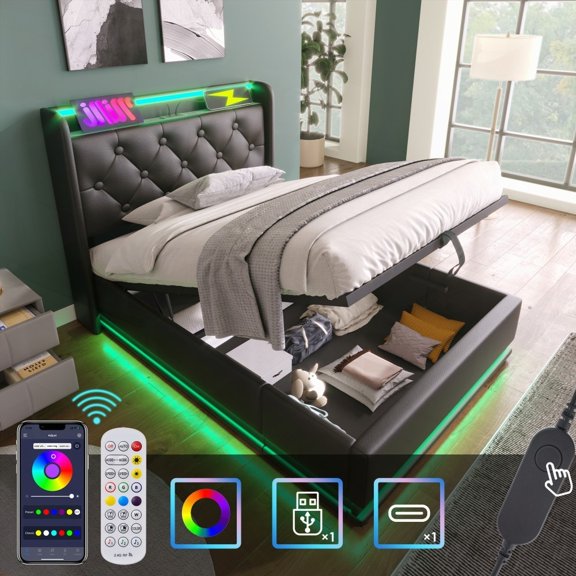 Black Twin size bed with 360 LED & USB C, Hydraulic storage, Button/Remote/APP for control