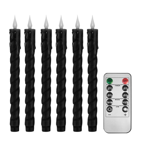 Black Twisted Drip Wax LED Taper Candles, 6 Pcs 9.65in Flameless Candles with Remote Timer Dimmer for Gothic Home Decor