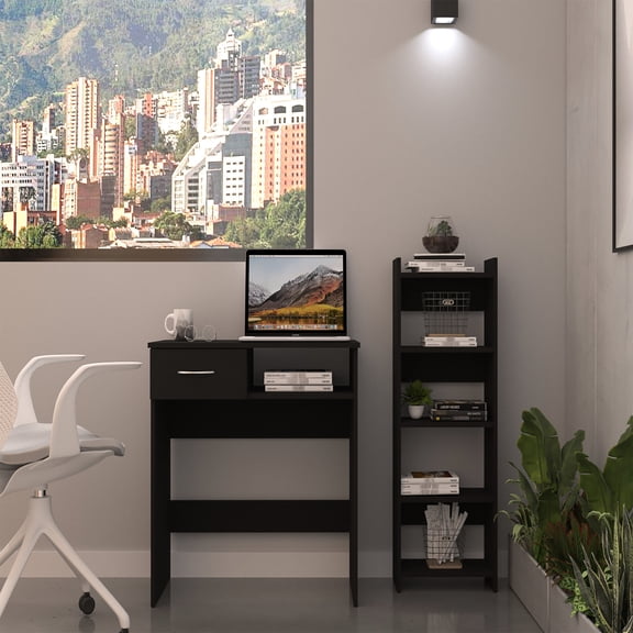 Black Two - Part Desk - Bookcase Combo / Ideal for Home Work Environment