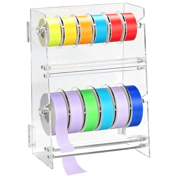 Black Two-Tiered Acrylic Label Sticker Dispenser, Holds 12 Rolls, Easy Pull Open Design For Desk Organization, 9.1 X 4.9 X 12.6 In