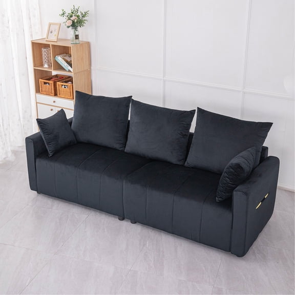 Black Two-Tone 2-Seater Velvet Sofa with Ergonomic Pillows - Perfect for Unwinding in Living Room