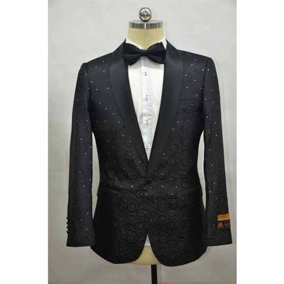 Black Two Toned Paisley Floral Blazer Tuxedo Dinner Jacket Fashion Sport Coat + Matching Bow Tie