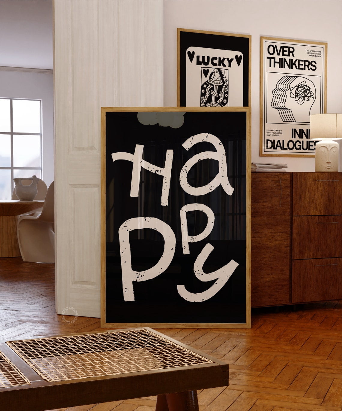 Black Typography Retro Happy Quote Wall Art Print, Inspirational Office ...