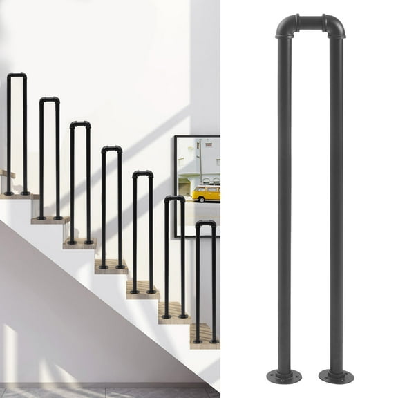 Black U-Shaped Steel Stair Handrail,10lbs Load.Industrial Style,Floor Standing.1.5mm Wall Thickness,Galvanized & Baked,Ideal for Home & Mall