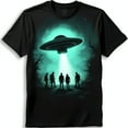 Black UFO Graphic TShirt Glowing Green UFO Over Five People in Dark