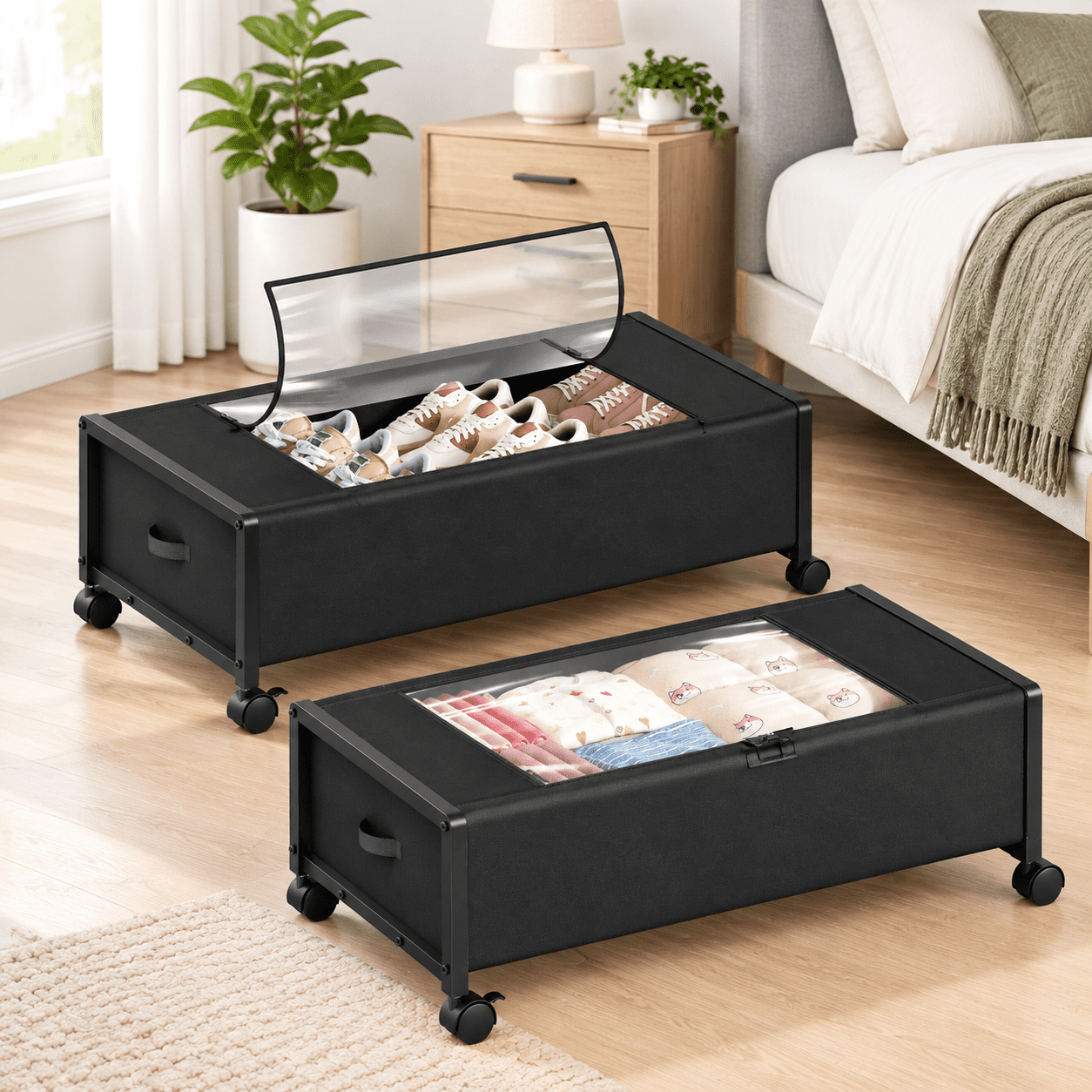 Black Under Bed Storage Containers with Wheels, 2-Pack Rolling ...