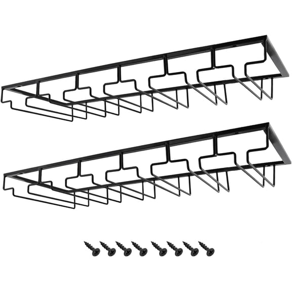 Black Under-Cabinet Wine Glass Rack, 6-Row Wire Stemware Hanger (2 Pack)