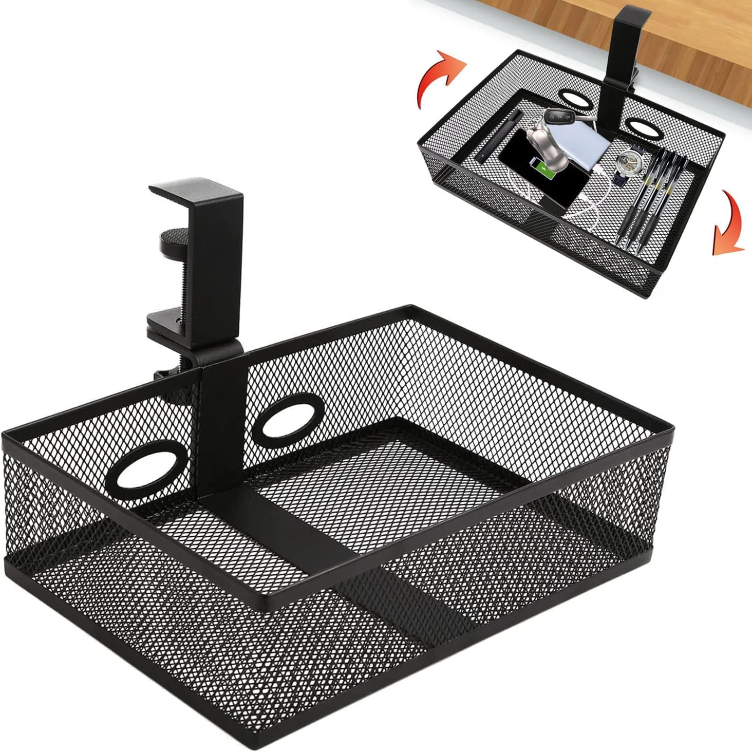 Black Under Desk Drawer Storage - 360-Degree Rotating Desk Organizer Clamp-on Swivel Pencil Drawer Shelf for Office Tables