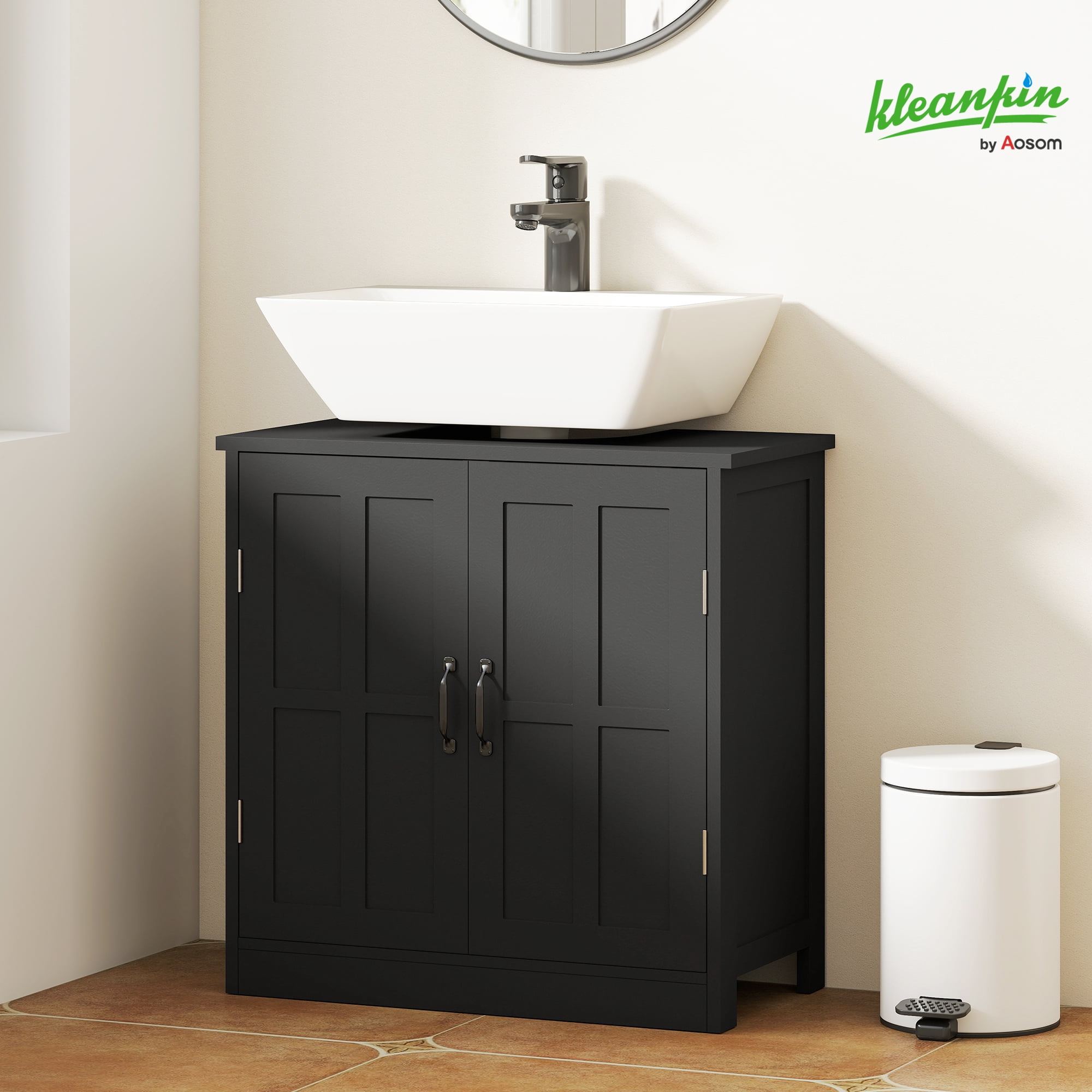 Black Under Sink Bathroom Cabinet, Double-Door Storage Cabinet with U-Shaped Cutout & Adjustable Shelf, Anti-Tipping Design for Bathroom Organizer