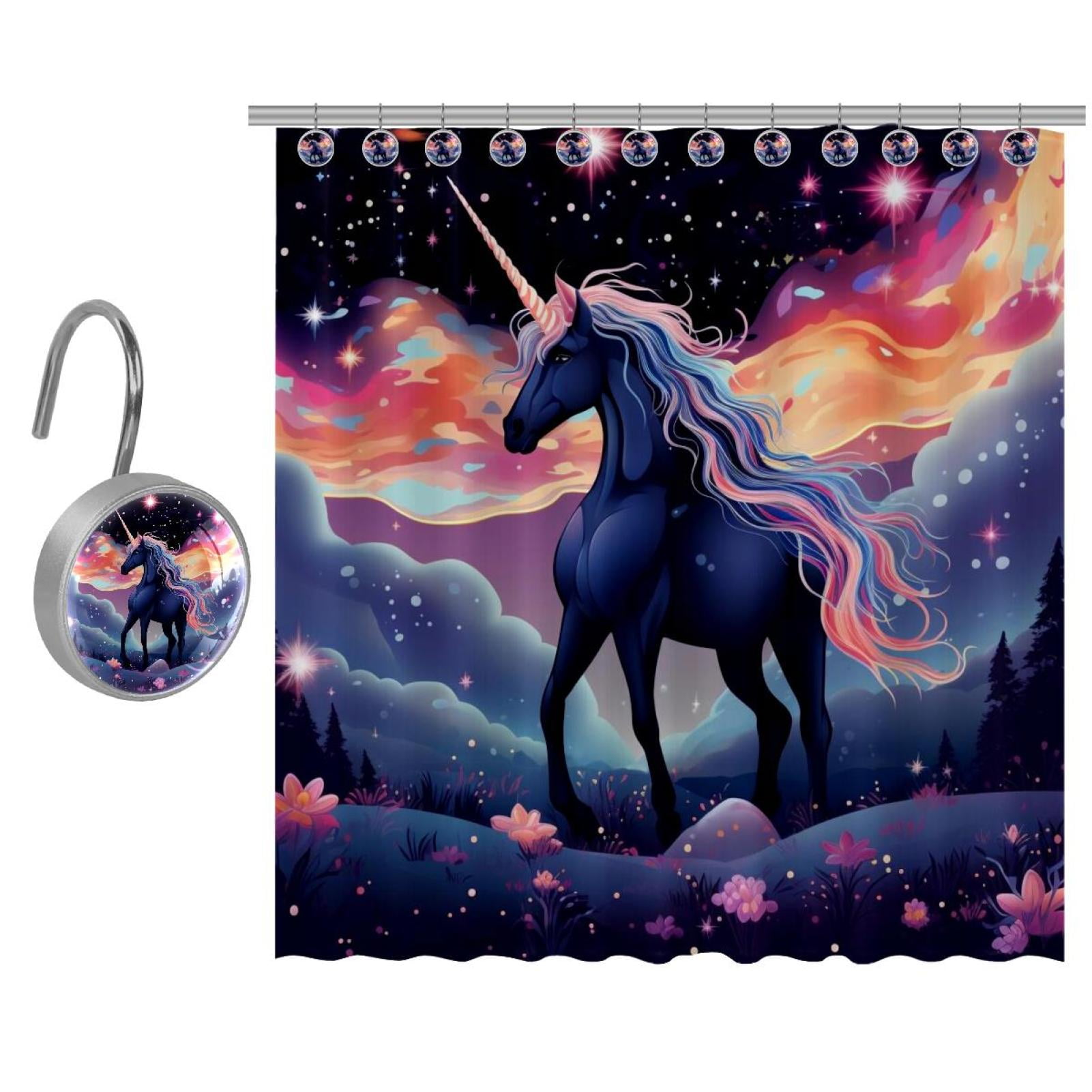 Black Unicorn Starry Sky Shower Curtains with Hooks for Bathroom