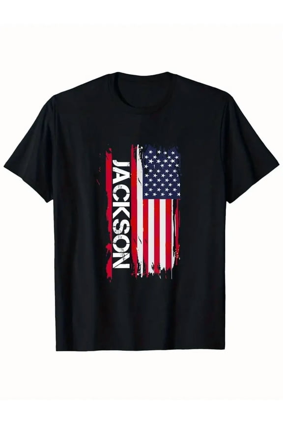 Black Unisex Adults T-Shirt - Classic Fit Crew Neck Short Sleeve with Distressed American Flag & Jackson Graphic, Retro Vintage Style, All-Season Casual Wear, Machine Washable