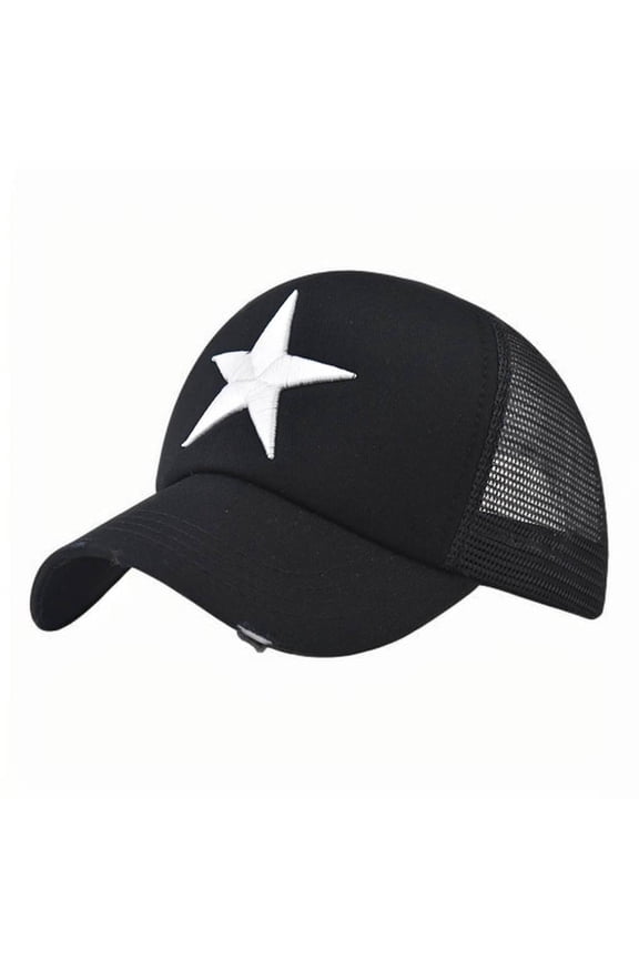 Black Unisex Color Block Five Point Star Embroidered Baseball Cap Casual Sports Hat Black Color 22Inch Head Circumference