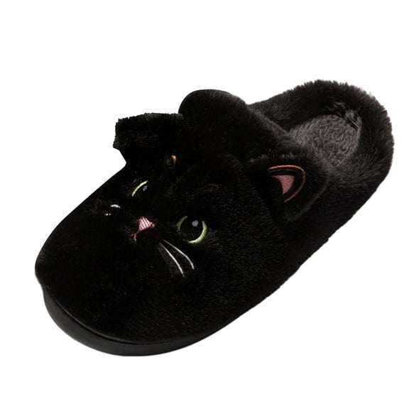 Black Unisex Cute Cat Fuzzy Slippers 3D Cartoon Shape Warm Fluffy Lining Casual Comfortable Indoor Shoes Non Slip Sole Soft Daily Home Footwear Size 42