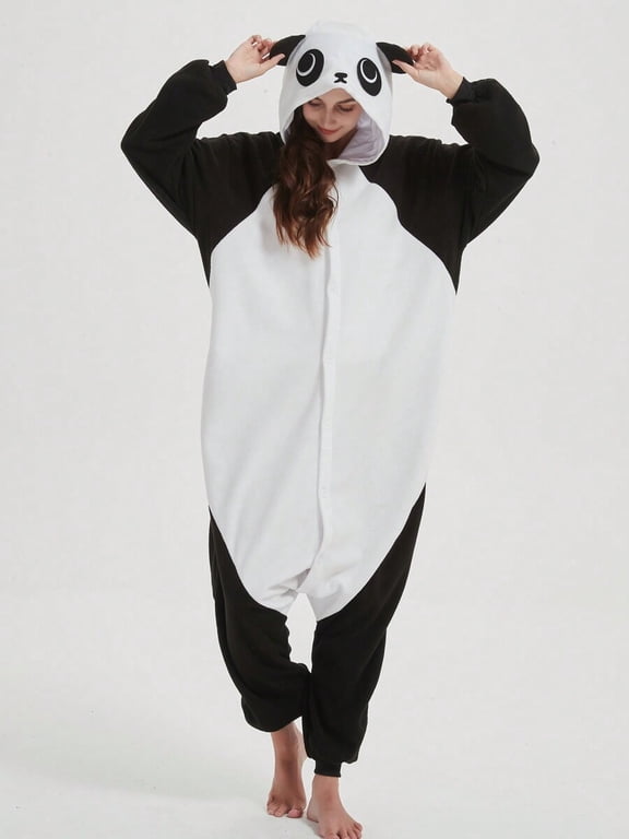 Black Unisex Panda Cosplay Cartoon One Piece Pajamas, Fleece Thickened