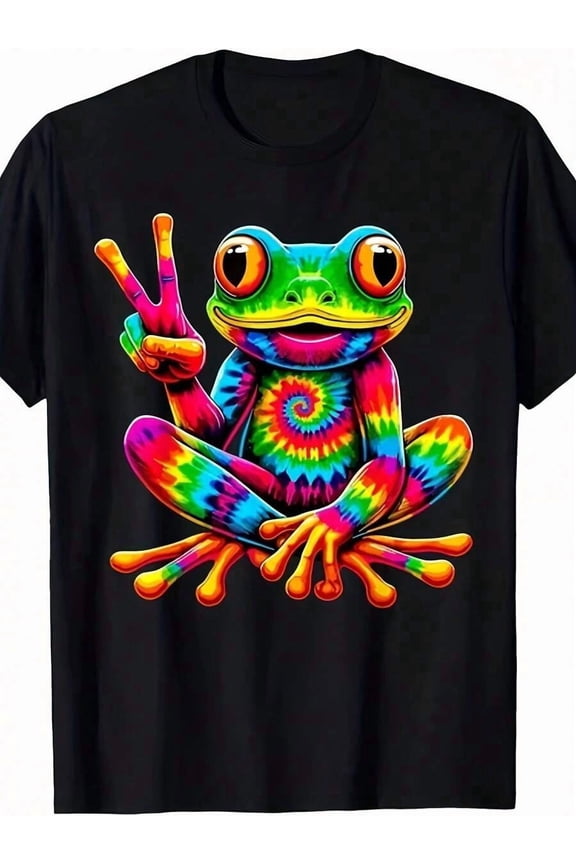 Black Unisex Retro Tie-Dye Peace Frog Graphic T-Shirt, Crew Neck, Casual Summer Wear