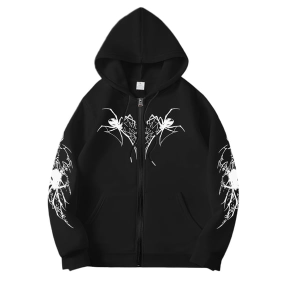 Black Unisex Y2K Zip Up Hoodie Gothic Print Hooded Sweatshirt Oversized Grunge Streetwear Emo Hoodie Alternative Clothes
