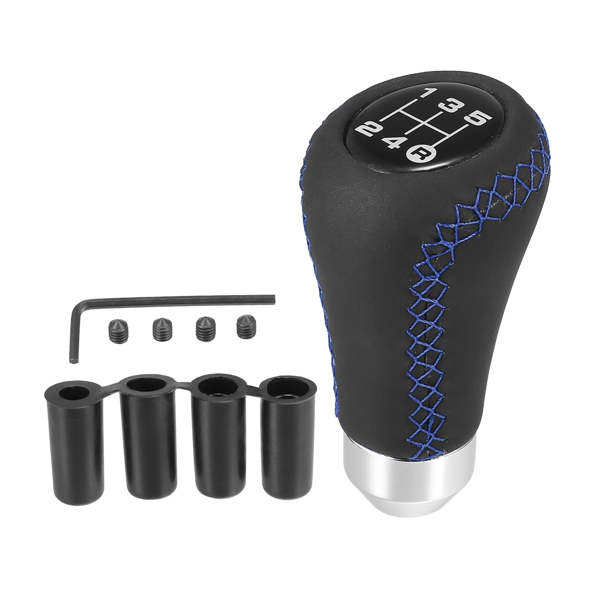 Black Universal 5 Speed Car Gear Lever Shifter Manual Stick Shift Knob PU Leather Blue Stitches