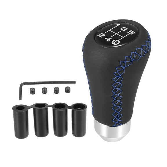 Black Universal 5 Speed Car Gear Lever Shifter Manual Stick Shift Knob PU Leather, Blue Stitches