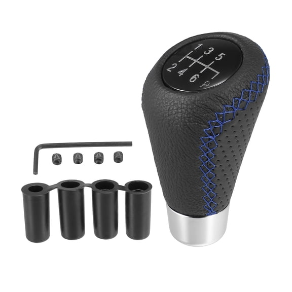 Black Universal 6 Speed Car Gear Lever Shifter Manual Stick Shift Knob PU Leather with Hole Blue Stitches
