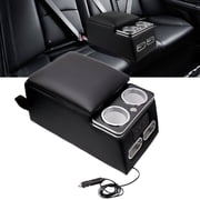 Black Universal Truck Seat/Bench Organizer with LED Light, USB Port, Cup Holders, Armrest, Padded Top Lid - Ideal for Business Upgrade Center Console Organizer