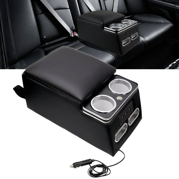 Black Universal Truck Seat/Bench Organizer with LED Light, USB Port, Cup Holders, Armrest, Padded Top Lid - Ideal for Business Upgrade Center Console Organizer