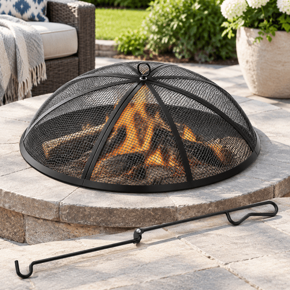 Black Upgraded-36 Inch Round Stainless Steel Fire Pit Spark Screen with Handle