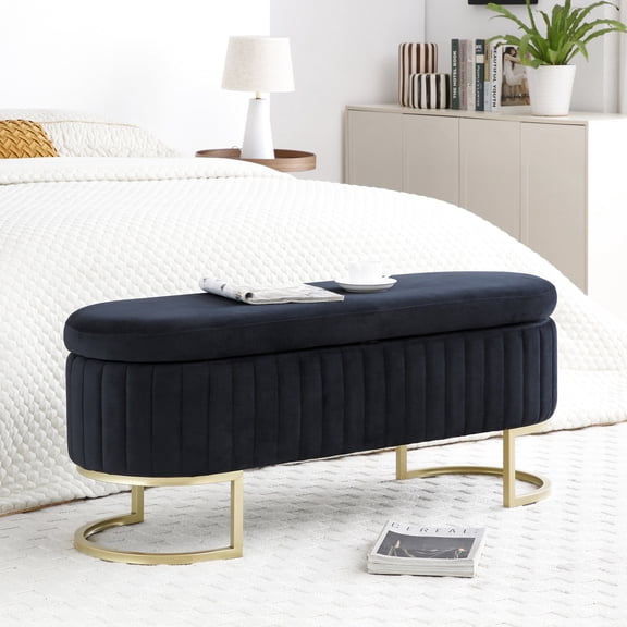 Black Upholstered Bench | For End of Bed or Window Seating | Golden Metal Legs, Fashionable Look | Hidden Storage for Household Goods