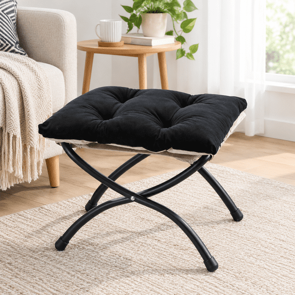 Black Upholstered Folding 15 Inch Metal Frame Foot Rest Stool Ottoman